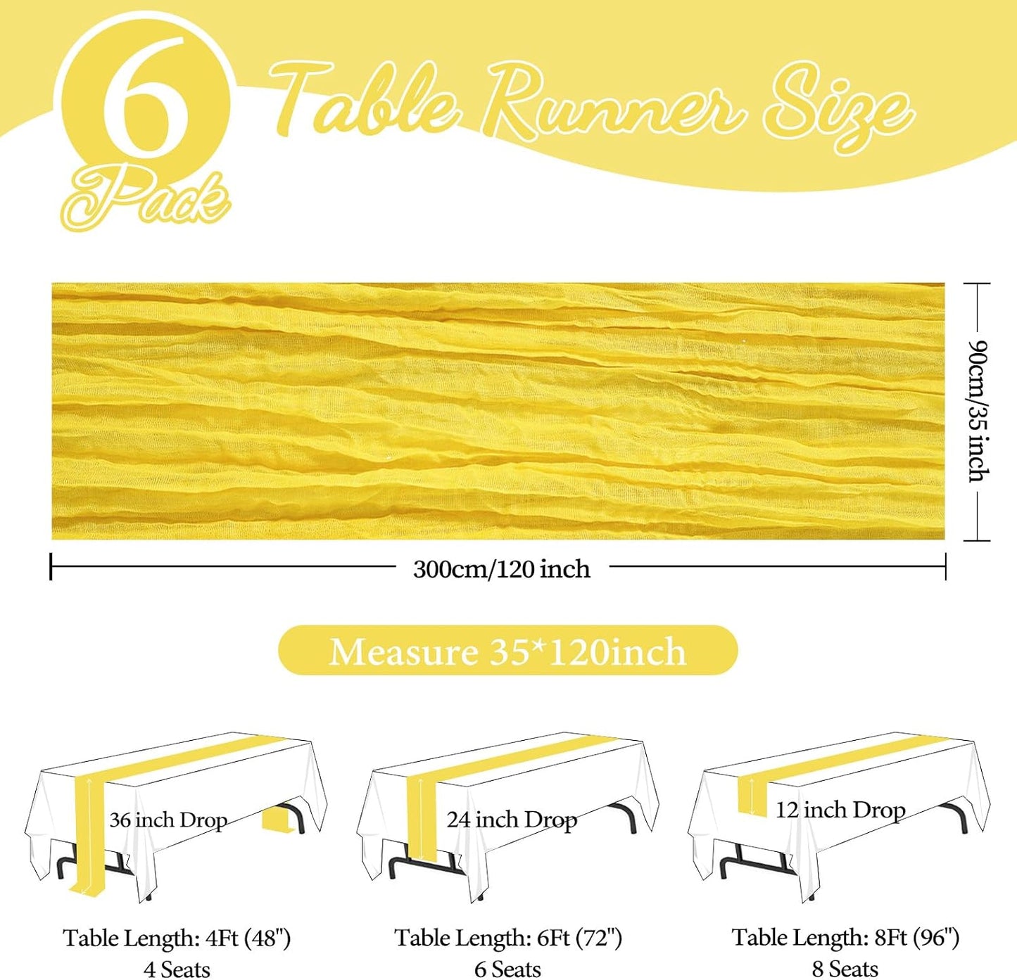 6 Pack Lemon Yellow Cheesecloth Table Runner 35x120 Inch Gauze Rustic Boho Table Runner 10FT Cheese Cloth for Summer Wedding Decor Birthday Party Bridal Baby Shower Table Decoration