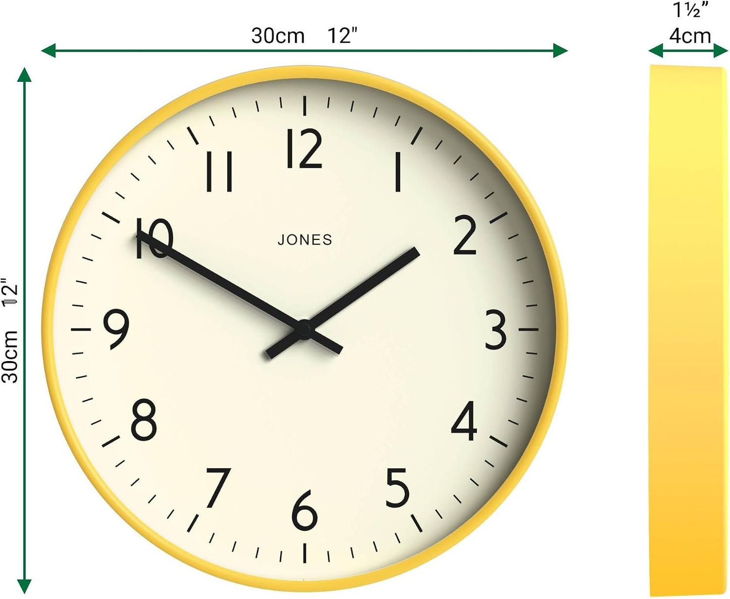® Studio Clock | Modern Round wall Clock | 12" | Yellow | Easy to Read Numbers | Versatile Design for Kitchen, Living Room or Office