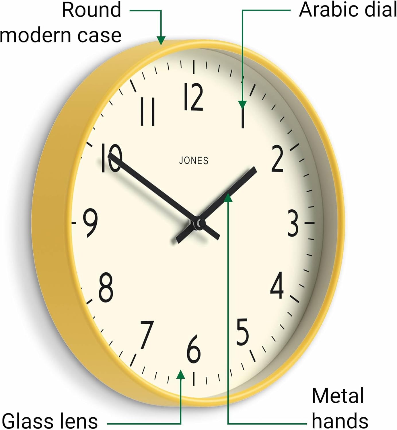 ® Studio Clock | Modern Round wall Clock | 12" | Yellow | Easy to Read Numbers | Versatile Design for Kitchen, Living Room or Office