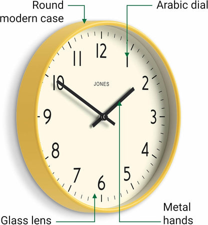 ® Studio Clock | Modern Round wall Clock | 12" | Yellow | Easy to Read Numbers | Versatile Design for Kitchen, Living Room or Office