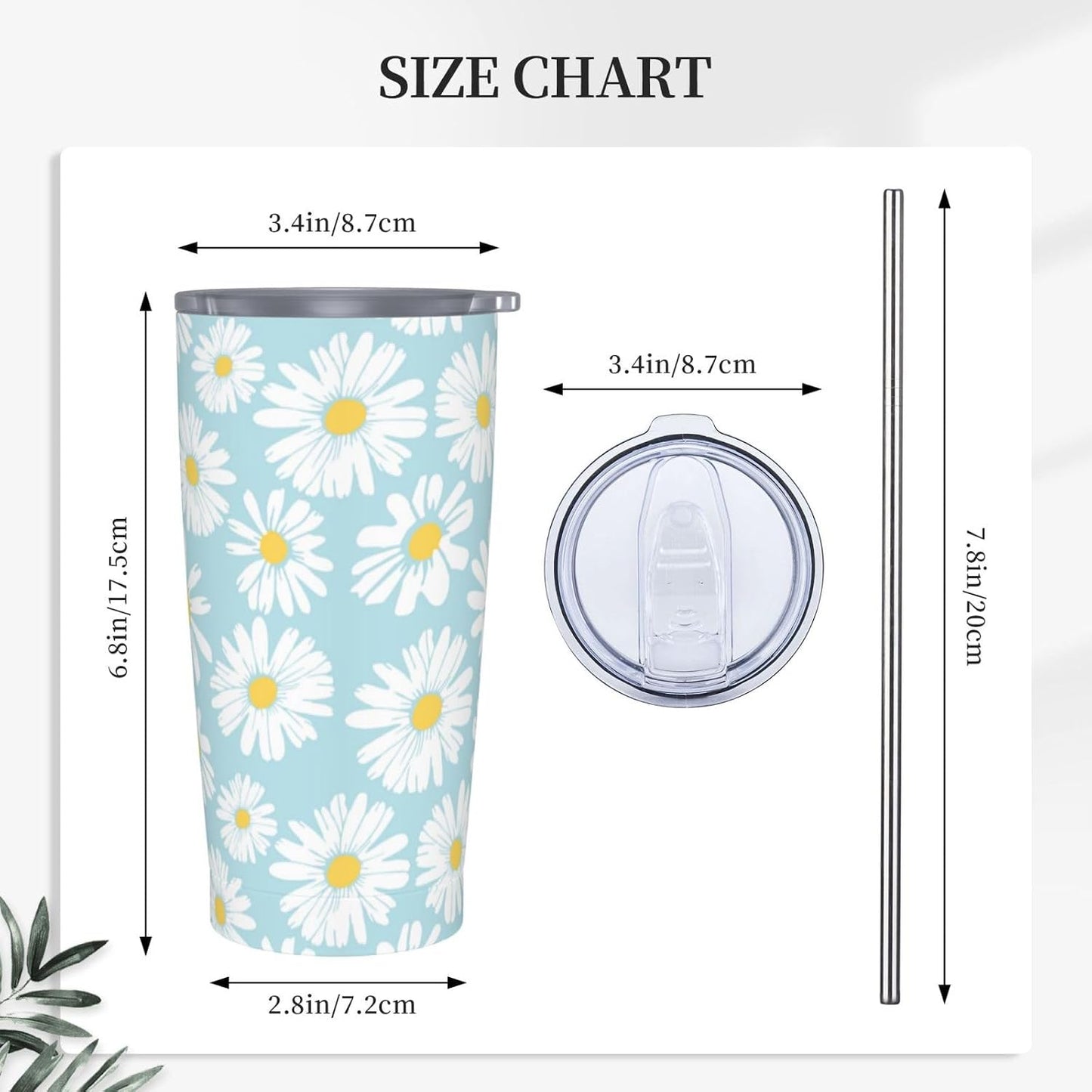 Lemon Tumbler 20oz Green Leaves Stainless Steel Insulated Tumblers with Lid and Straw Travel Coffee Mug Tea Wine Cups Water Bottle Sport Gifts for Women