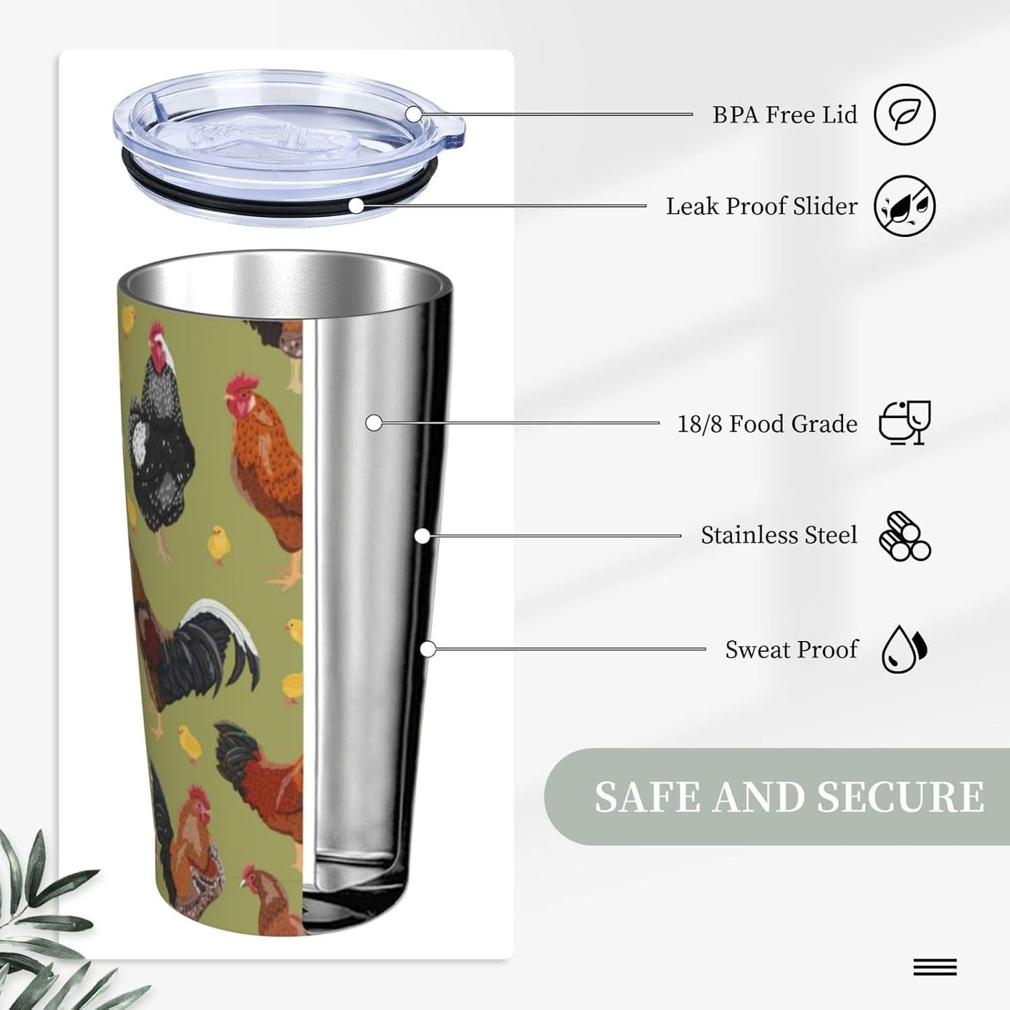 Lemon Tumbler 20oz Green Leaves Stainless Steel Insulated Tumblers with Lid and Straw Travel Coffee Mug Tea Wine Cups Water Bottle Sport Gifts for Women