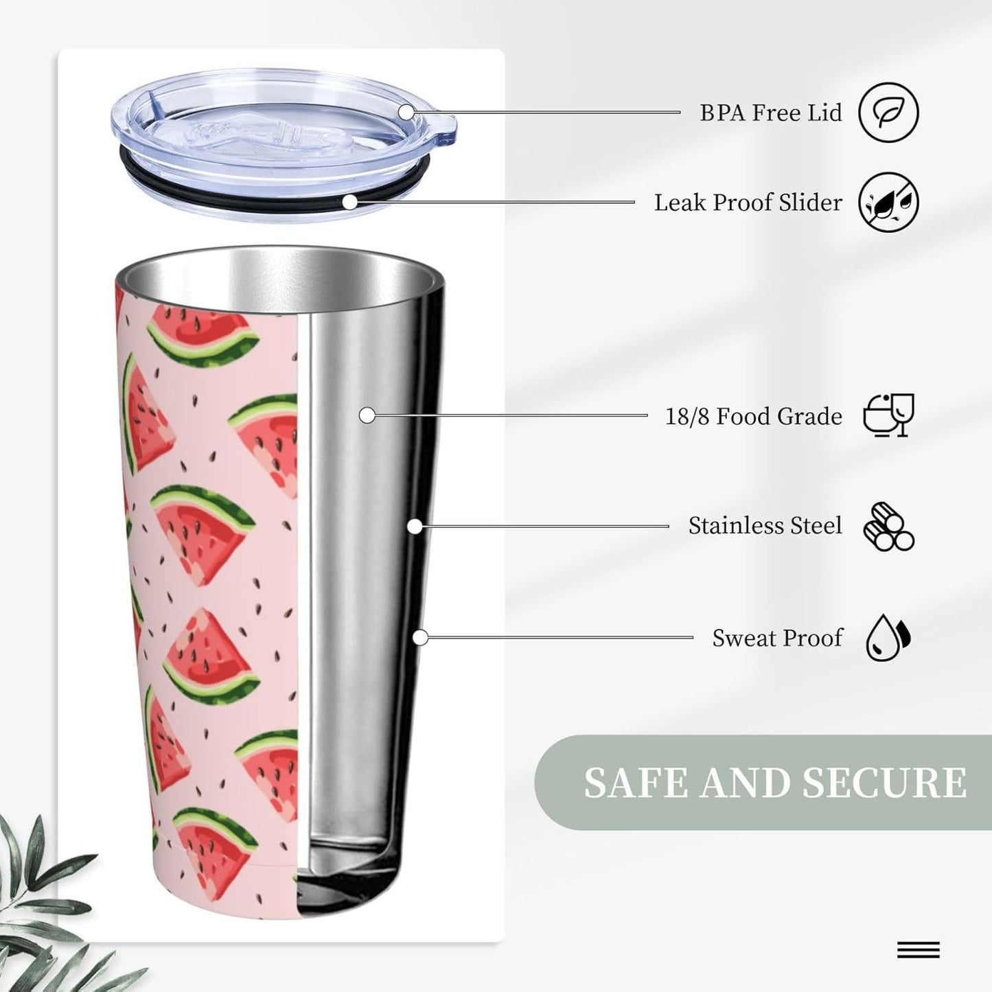 Lemon Tumbler 20oz Green Leaves Stainless Steel Insulated Tumblers with Lid and Straw Travel Coffee Mug Tea Wine Cups Water Bottle Sport Gifts for Women
