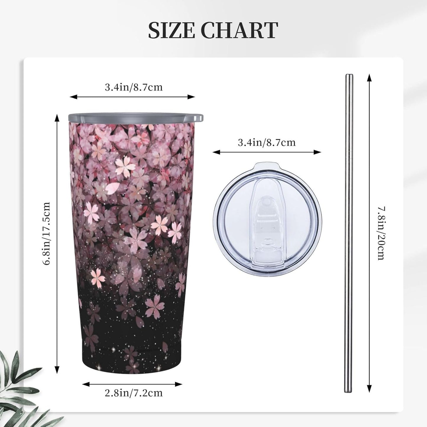 Lemon Tumbler 20oz Green Leaves Stainless Steel Insulated Tumblers with Lid and Straw Travel Coffee Mug Tea Wine Cups Water Bottle Sport Gifts for Women