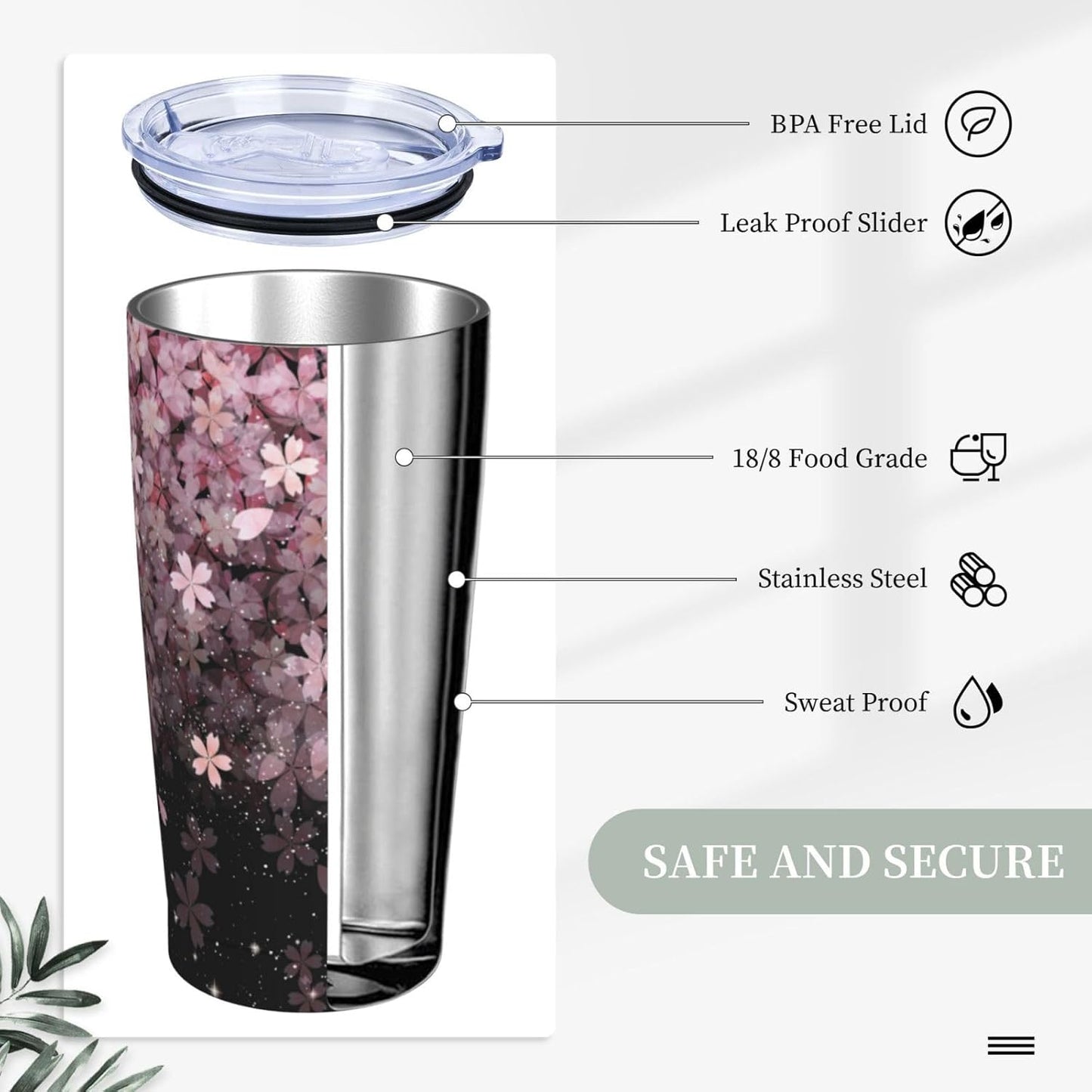 Lemon Tumbler 20oz Green Leaves Stainless Steel Insulated Tumblers with Lid and Straw Travel Coffee Mug Tea Wine Cups Water Bottle Sport Gifts for Women