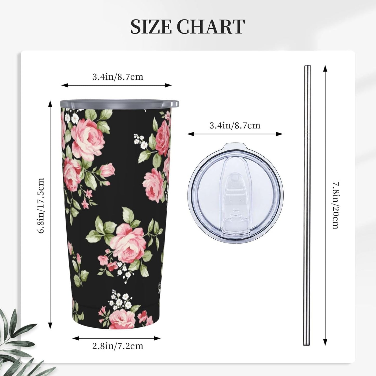 Lemon Tumbler 20oz Green Leaves Stainless Steel Insulated Tumblers with Lid and Straw Travel Coffee Mug Tea Wine Cups Water Bottle Sport Gifts for Women