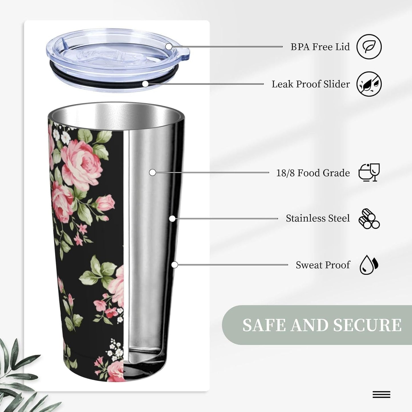 Lemon Tumbler 20oz Green Leaves Stainless Steel Insulated Tumblers with Lid and Straw Travel Coffee Mug Tea Wine Cups Water Bottle Sport Gifts for Women