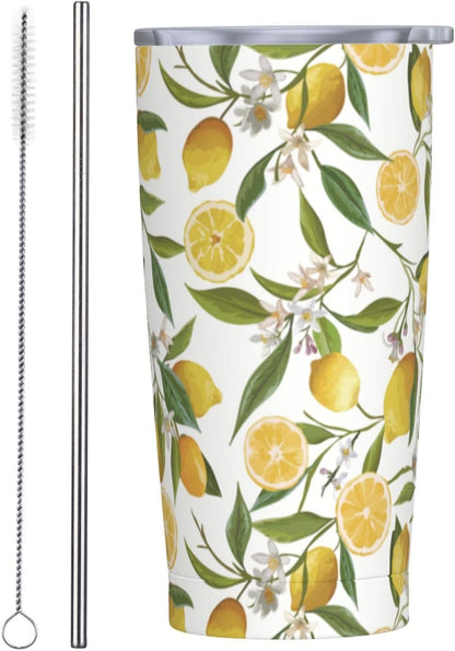 Lemon Tumbler 20oz Green Leaves Stainless Steel Insulated Tumblers with Lid and Straw Travel Coffee Mug Tea Wine Cups Water Bottle Sport Gifts for Women