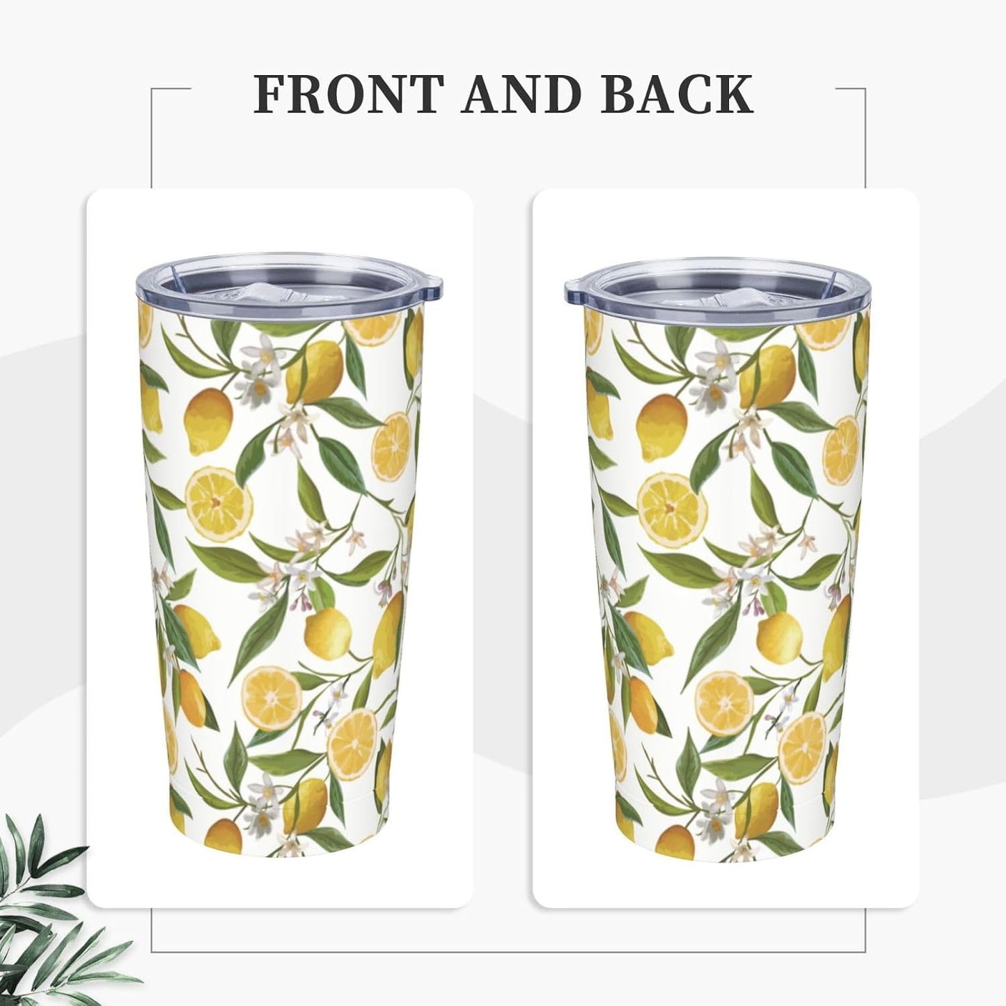 Lemon Tumbler 20oz Green Leaves Stainless Steel Insulated Tumblers with Lid and Straw Travel Coffee Mug Tea Wine Cups Water Bottle Sport Gifts for Women