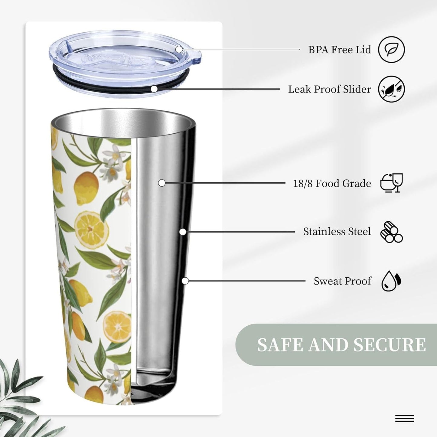 Lemon Tumbler 20oz Green Leaves Stainless Steel Insulated Tumblers with Lid and Straw Travel Coffee Mug Tea Wine Cups Water Bottle Sport Gifts for Women