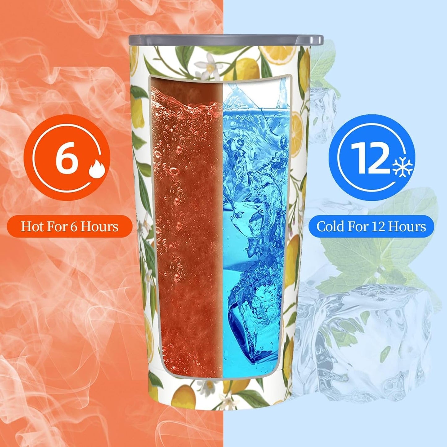 Lemon Tumbler 20oz Green Leaves Stainless Steel Insulated Tumblers with Lid and Straw Travel Coffee Mug Tea Wine Cups Water Bottle Sport Gifts for Women