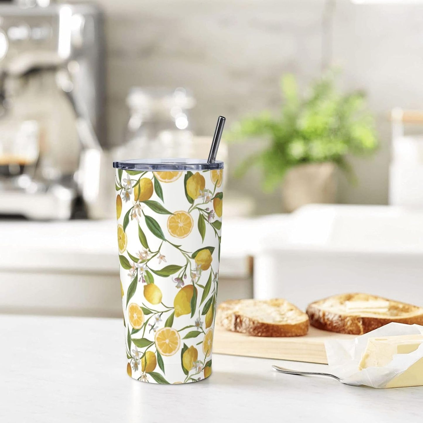 Lemon Tumbler 20oz Green Leaves Stainless Steel Insulated Tumblers with Lid and Straw Travel Coffee Mug Tea Wine Cups Water Bottle Sport Gifts for Women