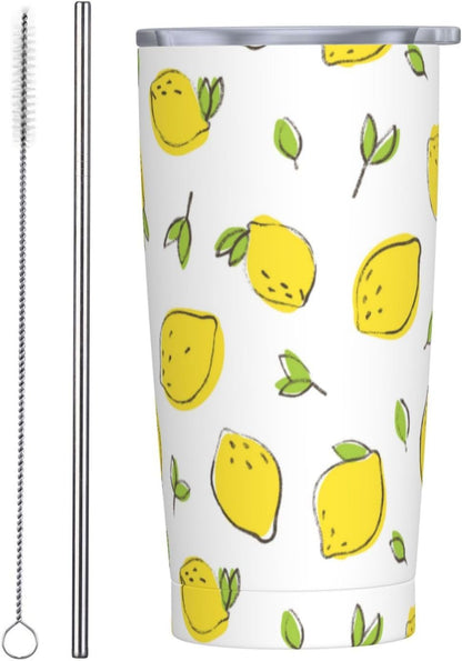 Lemon Tumbler 20oz Green Leaves Stainless Steel Insulated Tumblers with Lid and Straw Travel Coffee Mug Tea Wine Cups Water Bottle Sport Gifts for Women