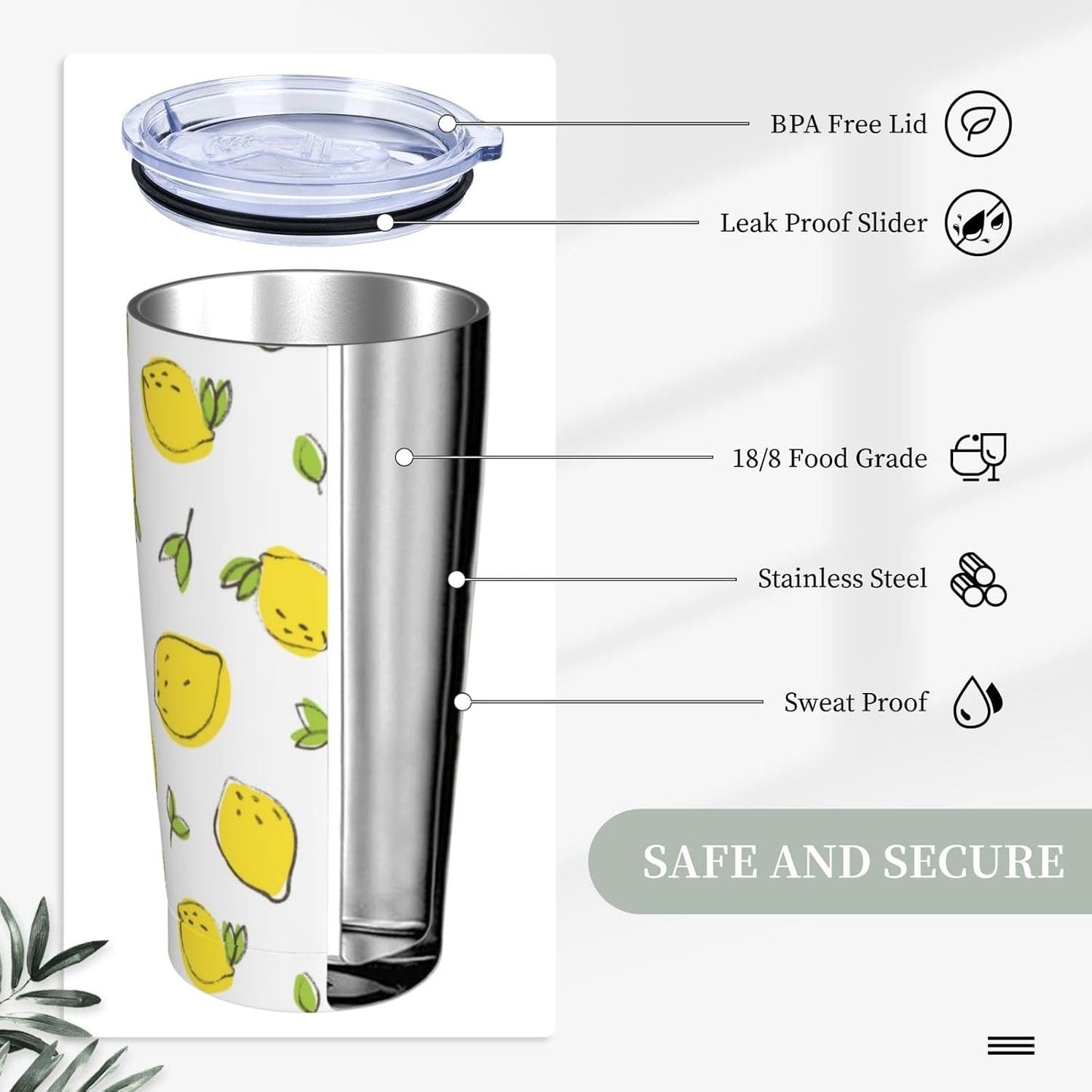 Lemon Tumbler 20oz Green Leaves Stainless Steel Insulated Tumblers with Lid and Straw Travel Coffee Mug Tea Wine Cups Water Bottle Sport Gifts for Women