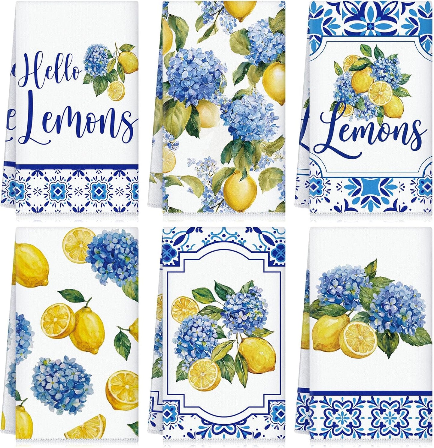 6 Pcs Lemon Hydrangea Kitchen Towels 24 x 16 Inch Capri Lemon Microfiber Dish Towels for Mediterranean Kitchen Decor Italian Housewarming Gifts Amalfi Coast Gift