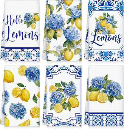 6 Pcs Lemon Hydrangea Kitchen Towels 24 x 16 Inch Capri Lemon Microfiber Dish Towels for Mediterranean Kitchen Decor Italian Housewarming Gifts Amalfi Coast Gift