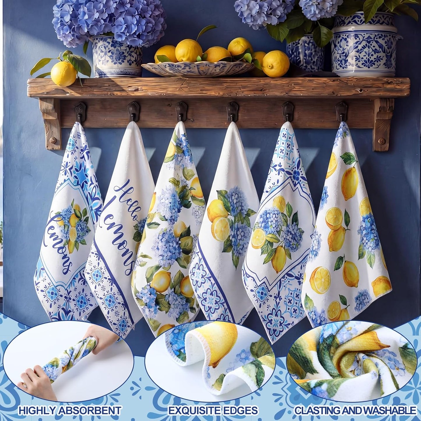 6 Pcs Lemon Hydrangea Kitchen Towels 24 x 16 Inch Capri Lemon Microfiber Dish Towels for Mediterranean Kitchen Decor Italian Housewarming Gifts Amalfi Coast Gift