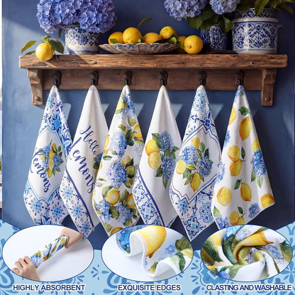 6 Pcs Lemon Hydrangea Kitchen Towels 24 x 16 Inch Capri Lemon Microfiber Dish Towels for Mediterranean Kitchen Decor Italian Housewarming Gifts Amalfi Coast Gift