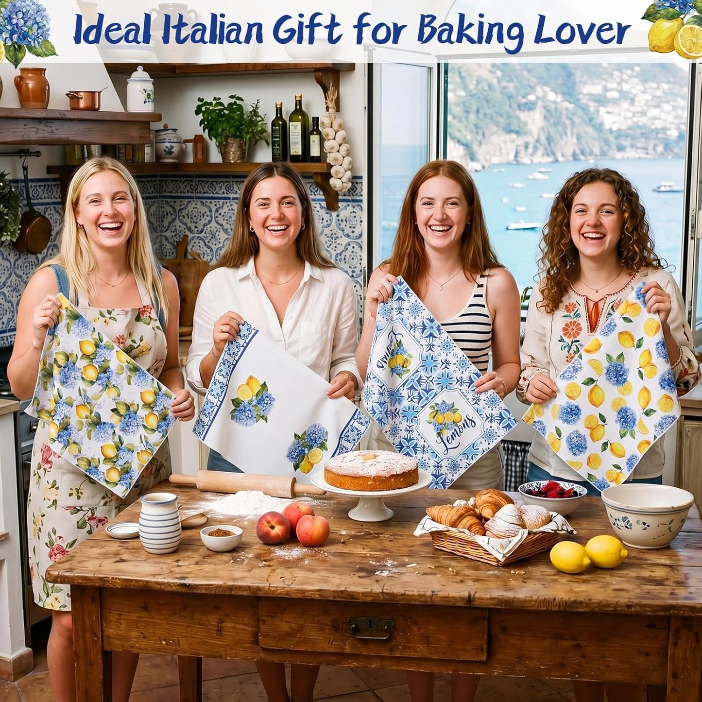 6 Pcs Lemon Hydrangea Kitchen Towels 24 x 16 Inch Capri Lemon Microfiber Dish Towels for Mediterranean Kitchen Decor Italian Housewarming Gifts Amalfi Coast Gift