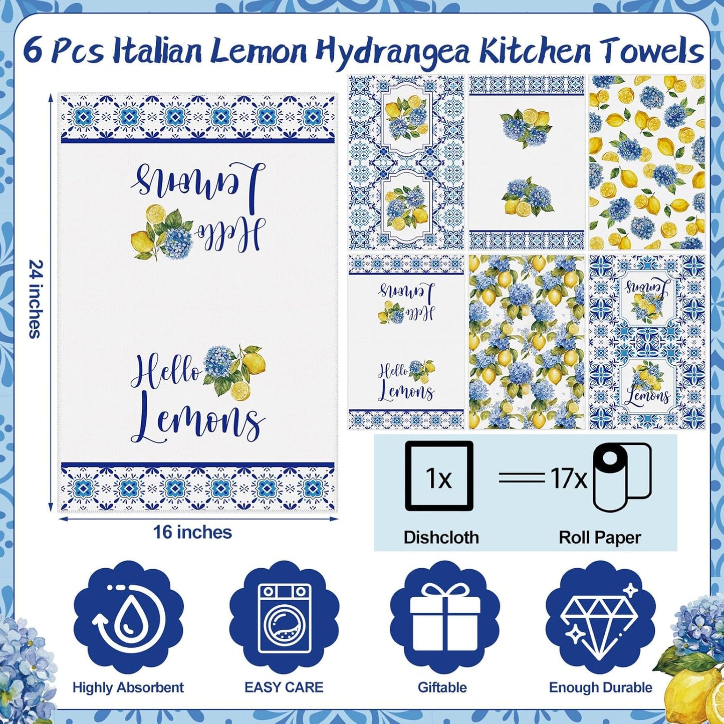 6 Pcs Lemon Hydrangea Kitchen Towels 24 x 16 Inch Capri Lemon Microfiber Dish Towels for Mediterranean Kitchen Decor Italian Housewarming Gifts Amalfi Coast Gift