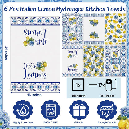 6 Pcs Lemon Hydrangea Kitchen Towels 24 x 16 Inch Capri Lemon Microfiber Dish Towels for Mediterranean Kitchen Decor Italian Housewarming Gifts Amalfi Coast Gift