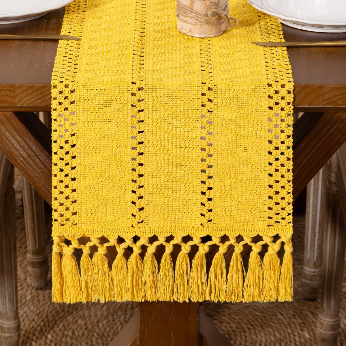 Boho Macrame Table Runner Spring Easter Farmhouse Woven Small Table Runner with Tassels 36 Inches Gold Yellow Cotton Linen Kitchen Table Decor for Dining Dresser Home Tea Table Decor