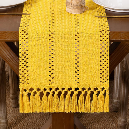 Boho Macrame Table Runner Spring Easter Farmhouse Woven Small Table Runner with Tassels 36 Inches Gold Yellow Cotton Linen Kitchen Table Decor for Dining Dresser Home Tea Table Decor