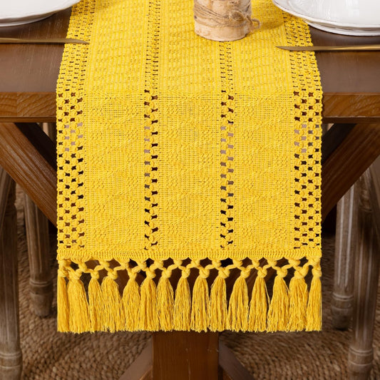 Boho Macrame Table Runner Spring Easter Farmhouse Woven Small Table Runner with Tassels 36 Inches Gold Yellow Cotton Linen Kitchen Table Decor for Dining Dresser Home Tea Table Decor