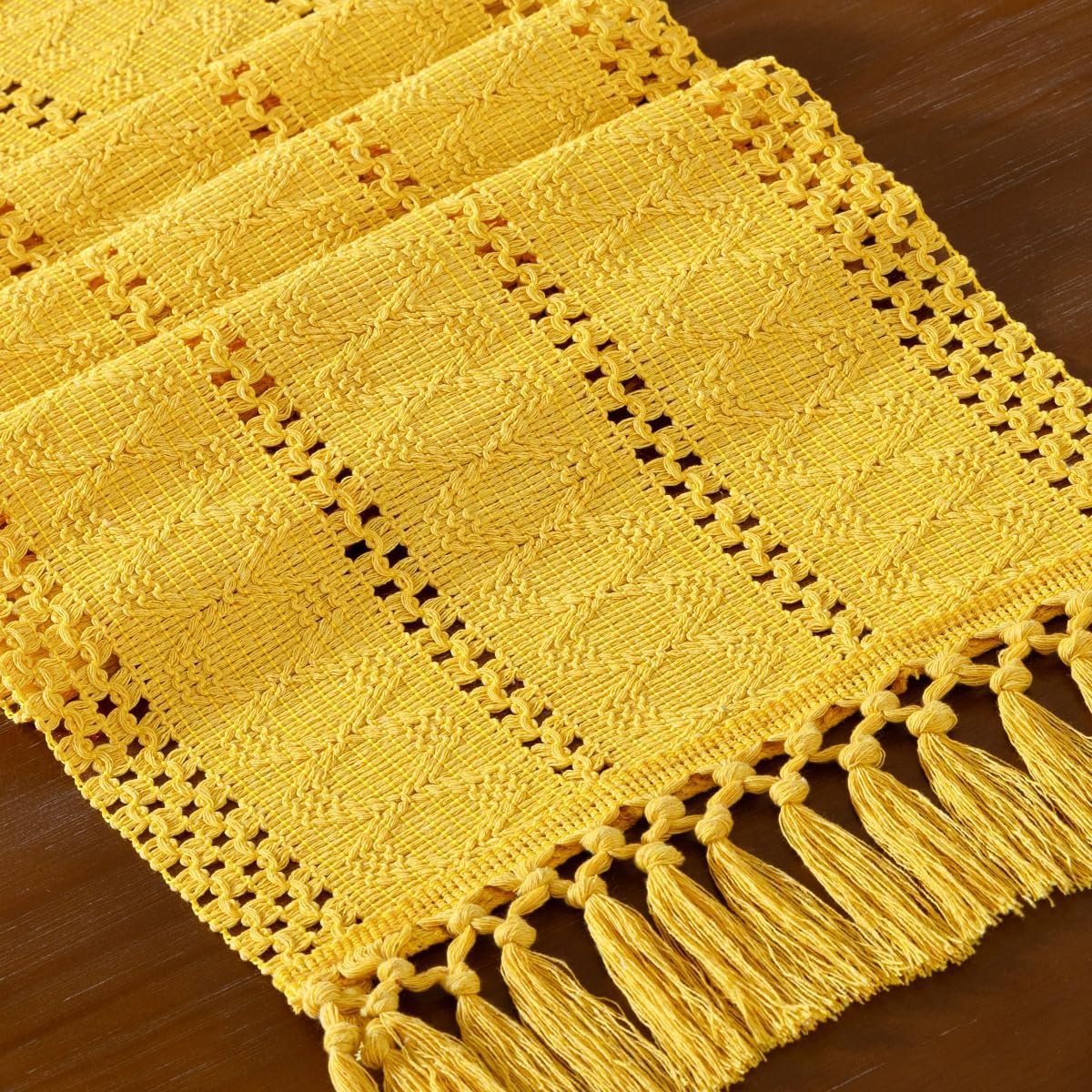 Boho Macrame Table Runner Spring Easter Farmhouse Woven Small Table Runner with Tassels 36 Inches Gold Yellow Cotton Linen Kitchen Table Decor for Dining Dresser Home Tea Table Decor