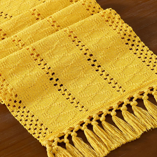 Boho Macrame Table Runner Spring Easter Farmhouse Woven Small Table Runner with Tassels 36 Inches Gold Yellow Cotton Linen Kitchen Table Decor for Dining Dresser Home Tea Table Decor