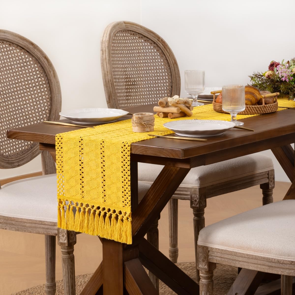 Boho Macrame Table Runner Spring Easter Farmhouse Woven Small Table Runner with Tassels 36 Inches Gold Yellow Cotton Linen Kitchen Table Decor for Dining Dresser Home Tea Table Decor