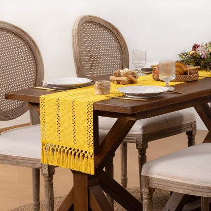 Boho Macrame Table Runner Spring Easter Farmhouse Woven Small Table Runner with Tassels 36 Inches Gold Yellow Cotton Linen Kitchen Table Decor for Dining Dresser Home Tea Table Decor