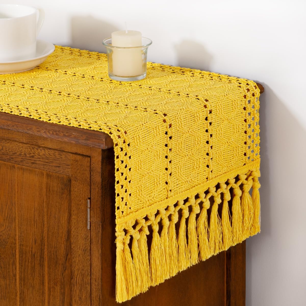 Boho Macrame Table Runner Spring Easter Farmhouse Woven Small Table Runner with Tassels 36 Inches Gold Yellow Cotton Linen Kitchen Table Decor for Dining Dresser Home Tea Table Decor