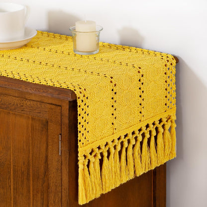 Boho Macrame Table Runner Spring Easter Farmhouse Woven Small Table Runner with Tassels 36 Inches Gold Yellow Cotton Linen Kitchen Table Decor for Dining Dresser Home Tea Table Decor