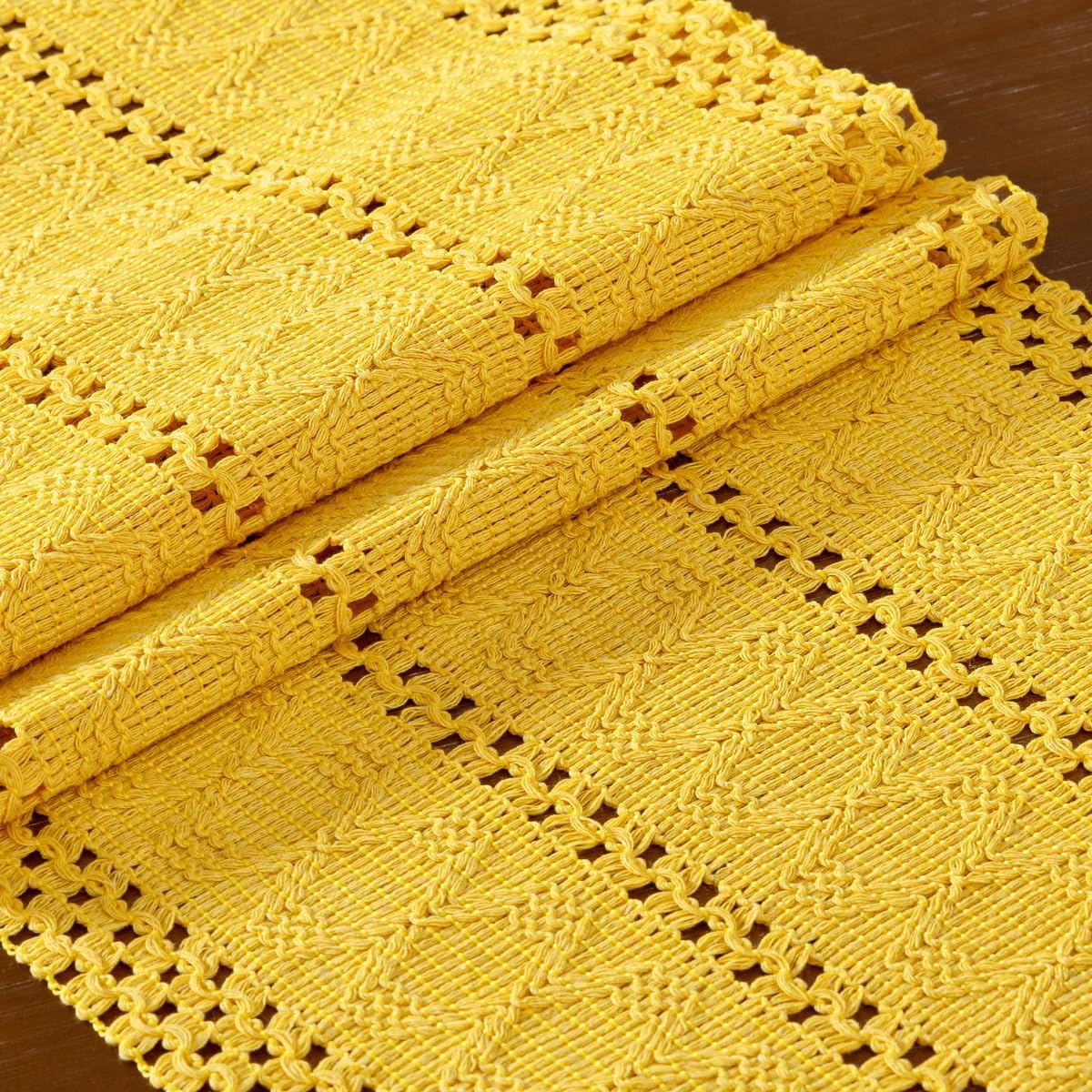 Boho Macrame Table Runner Spring Easter Farmhouse Woven Small Table Runner with Tassels 36 Inches Gold Yellow Cotton Linen Kitchen Table Decor for Dining Dresser Home Tea Table Decor