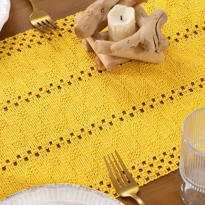 Boho Macrame Table Runner Spring Easter Farmhouse Woven Small Table Runner with Tassels 36 Inches Gold Yellow Cotton Linen Kitchen Table Decor for Dining Dresser Home Tea Table Decor