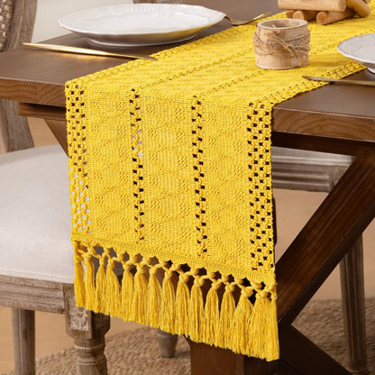 Boho Macrame Table Runner Spring Easter Farmhouse Woven Small Table Runner with Tassels 36 Inches Gold Yellow Cotton Linen Kitchen Table Decor for Dining Dresser Home Tea Table Decor