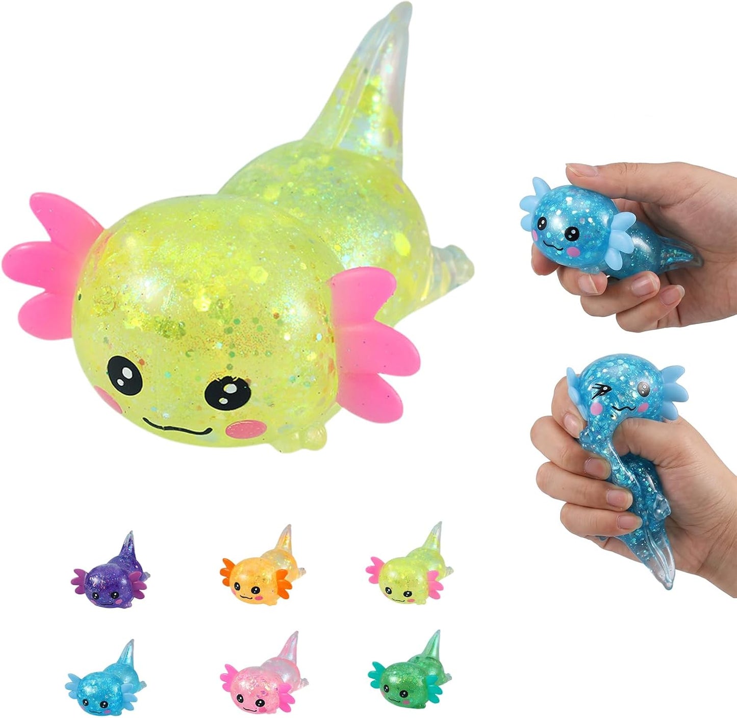 Axolotl Squishy Stress Relief Toy - Giltter Slow Rising Fidget Toy, Cute Sensory Toy, Moldable Soft Squeeze Toys for Adult, Kids, Party Favors Anxiety Relief Squishy Toy(Yellow)