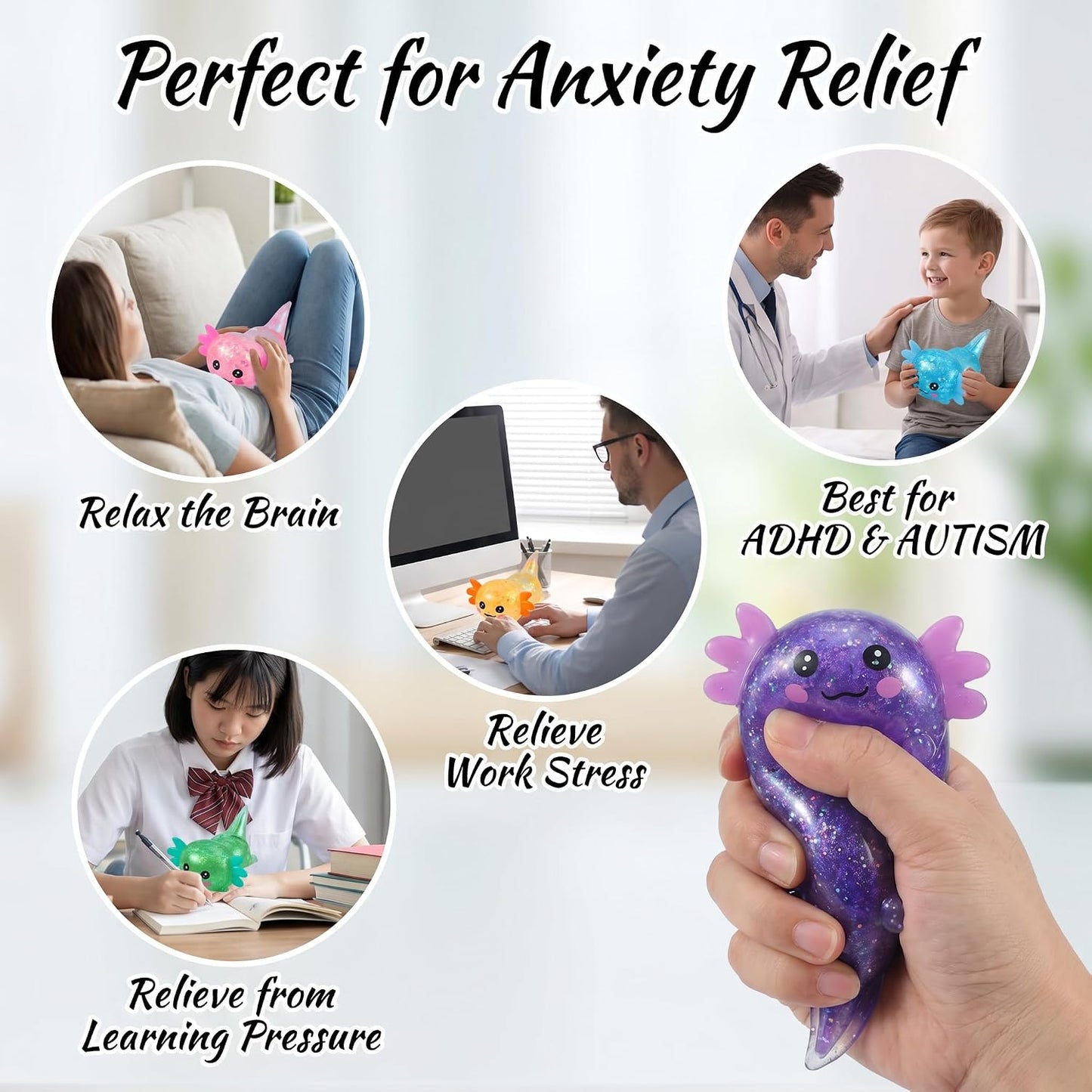 Axolotl Squishy Stress Relief Toy - Giltter Slow Rising Fidget Toy, Cute Sensory Toy, Moldable Soft Squeeze Toys for Adult, Kids, Party Favors Anxiety Relief Squishy Toy(Yellow)
