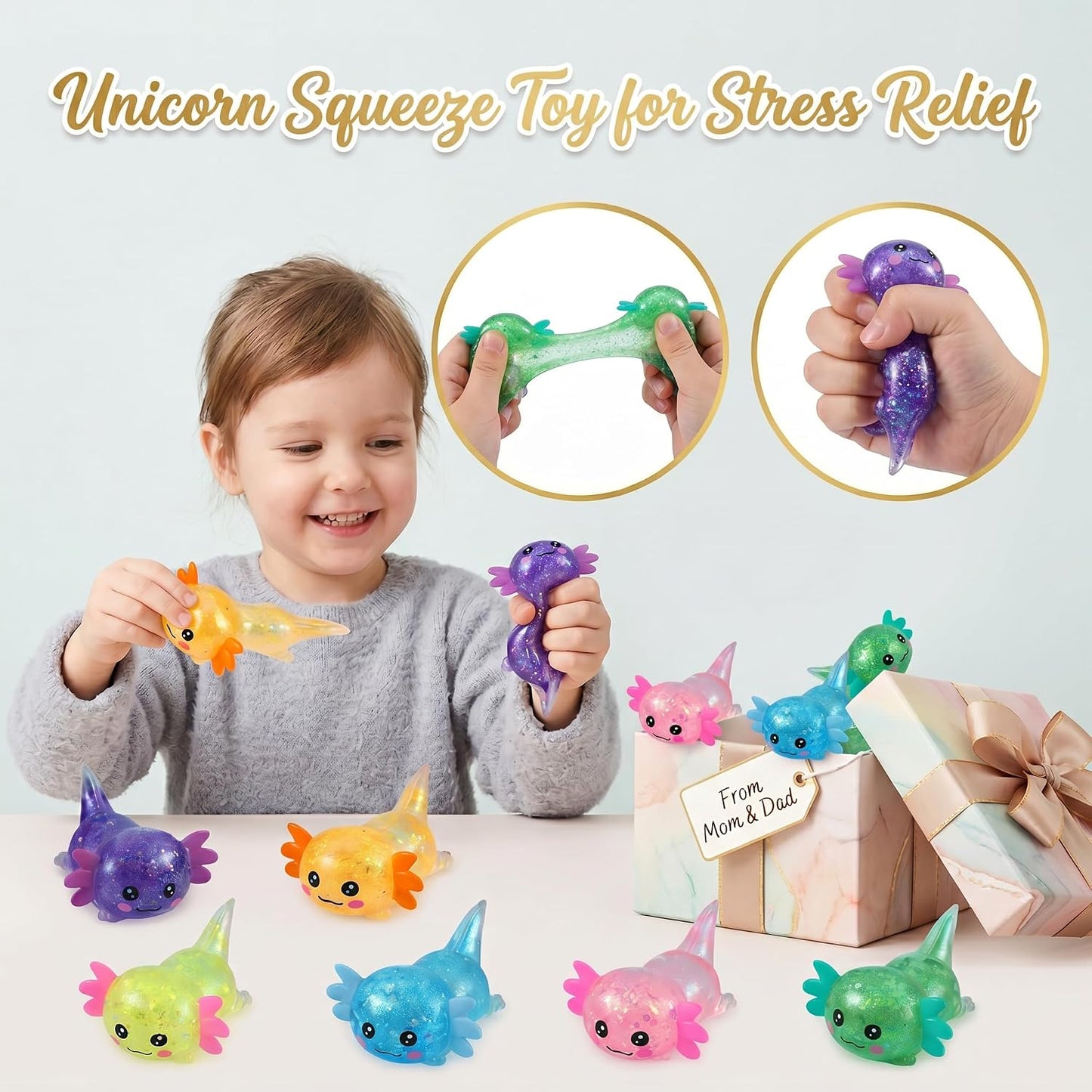 Axolotl Squishy Stress Relief Toy - Giltter Slow Rising Fidget Toy, Cute Sensory Toy, Moldable Soft Squeeze Toys for Adult, Kids, Party Favors Anxiety Relief Squishy Toy(Yellow)