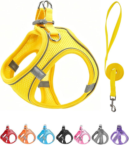XS Yellow Soft Mesh Dog Harness and Leash Set,No Escape Puppy Harnesses for Training Walking， Reflective Adjustable Puppy Vest for Small Medium Dogs, Cats (Yellow, XS)