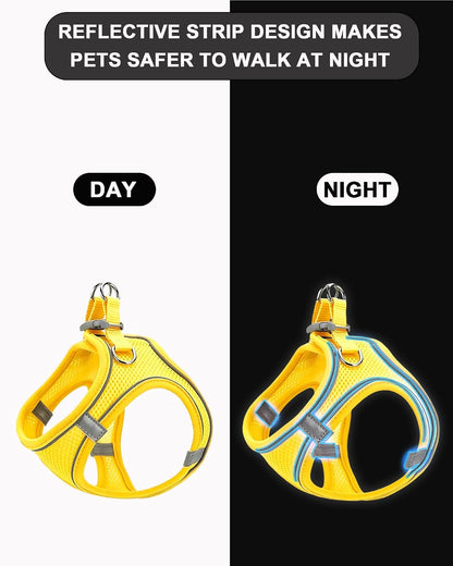 XS Yellow Soft Mesh Dog Harness and Leash Set,No Escape Puppy Harnesses for Training Walking， Reflective Adjustable Puppy Vest for Small Medium Dogs, Cats (Yellow, XS)