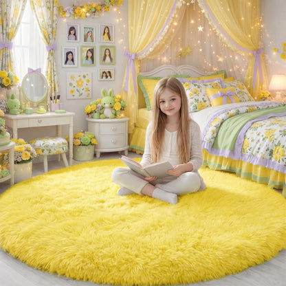 Yellow Round Circle Area Rug 5Ft for Bedroom Living Room, Fluffy Fuzzy Plush Rugs for Kids Room Decor Aesthetic, Cute Furry Shag Kawaii Circular Carpet for Classroom Nursery Teen Girls Boys