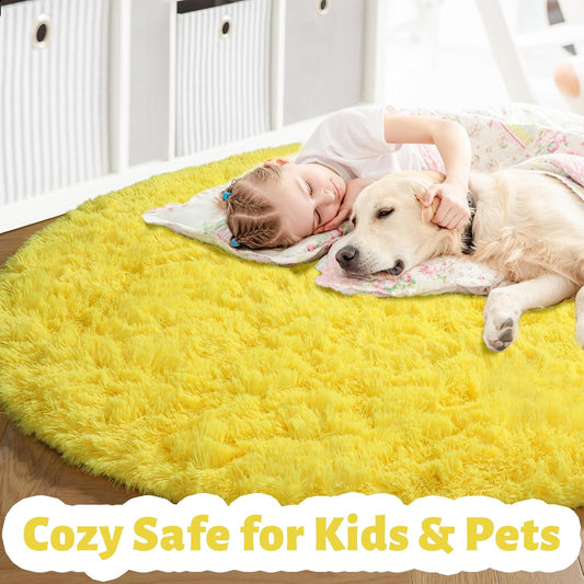 Yellow Round Circle Area Rug 5Ft for Bedroom Living Room, Fluffy Fuzzy Plush Rugs for Kids Room Decor Aesthetic, Cute Furry Shag Kawaii Circular Carpet for Classroom Nursery Teen Girls Boys