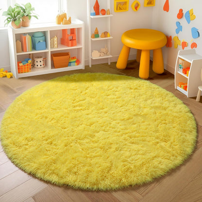 Yellow Round Circle Area Rug 5Ft for Bedroom Living Room, Fluffy Fuzzy Plush Rugs for Kids Room Decor Aesthetic, Cute Furry Shag Kawaii Circular Carpet for Classroom Nursery Teen Girls Boys