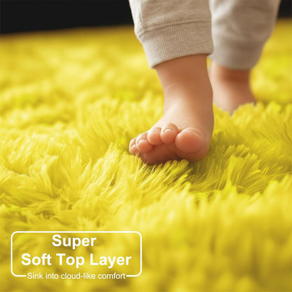 Yellow Round Circle Area Rug 5Ft for Bedroom Living Room, Fluffy Fuzzy Plush Rugs for Kids Room Decor Aesthetic, Cute Furry Shag Kawaii Circular Carpet for Classroom Nursery Teen Girls Boys