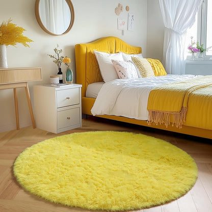 Yellow Round Circle Area Rug 5Ft for Bedroom Living Room, Fluffy Fuzzy Plush Rugs for Kids Room Decor Aesthetic, Cute Furry Shag Kawaii Circular Carpet for Classroom Nursery Teen Girls Boys