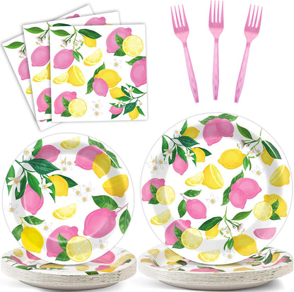 96Pcs Pink Lemon Party Supplies Lemon Paper Plates Napkins Lemons Summer Party Decorations Pink Lemonade Dinnerware Party Favor Birthday Party Picnic HomeTableware Serves 24
