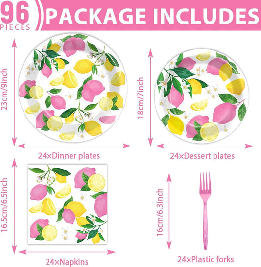 96Pcs Pink Lemon Party Supplies Lemon Paper Plates Napkins Lemons Summer Party Decorations Pink Lemonade Dinnerware Party Favor Birthday Party Picnic HomeTableware Serves 24