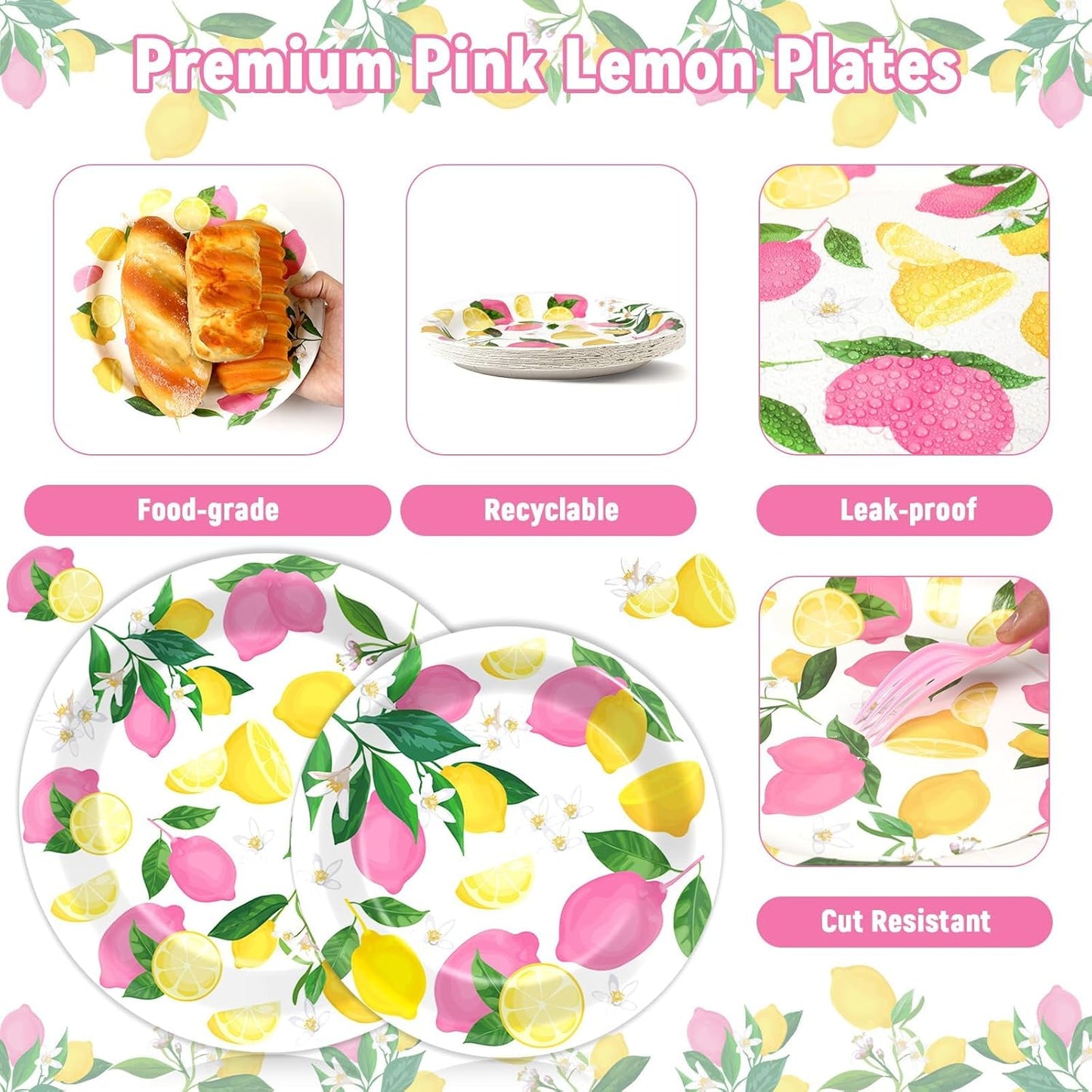 96Pcs Pink Lemon Party Supplies Lemon Paper Plates Napkins Lemons Summer Party Decorations Pink Lemonade Dinnerware Party Favor Birthday Party Picnic HomeTableware Serves 24